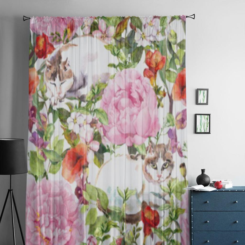 Тюлевые прозрачные шторы с цветком кота, пиона и растения для гостиной, спальни, кухни, украшения, вуаль, шторы из органзы