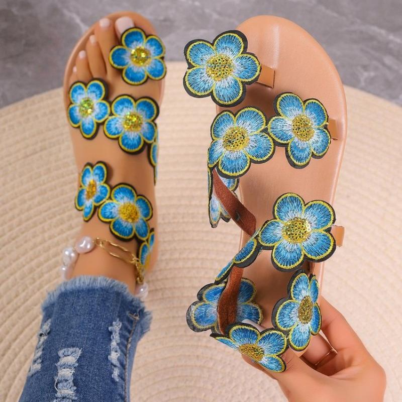 2024 Красочные вышитые искусственные цветы модные сандалии на плоской подошве летняя уличная пляжная обувь дорожная обувь для мам размер 42