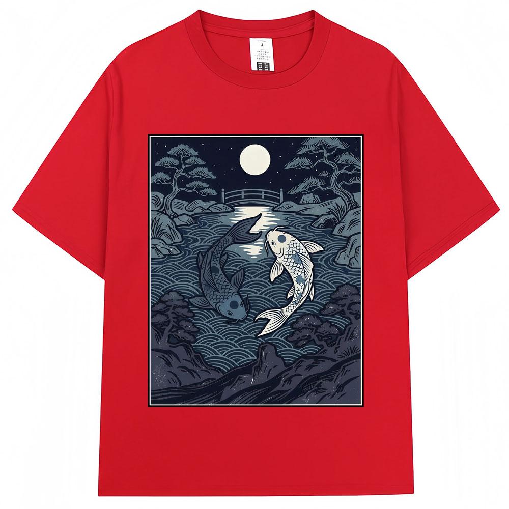 Japanese Style Yin Tang Koi Fish Moonrise Graphic T Shirt Unisex Unisex Fashion Vintage Tshirts Oversized Cotton Casual Y2k Tshirt