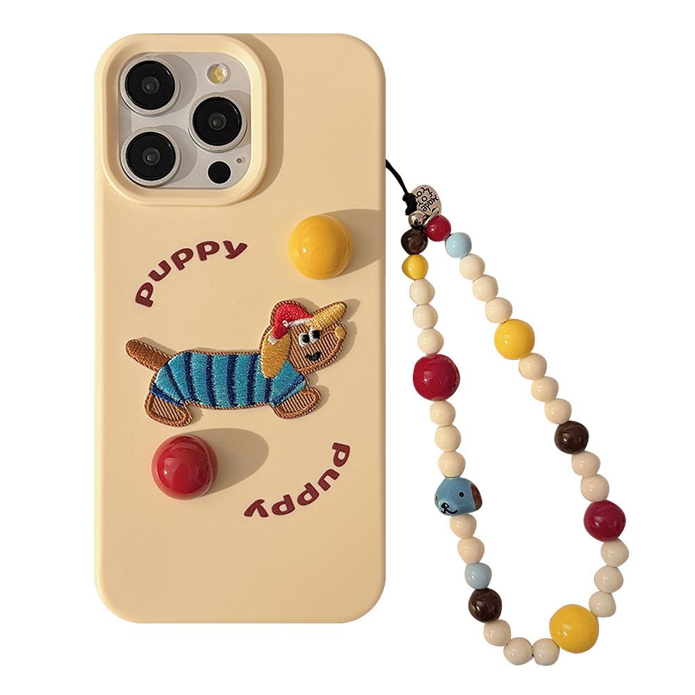 Embroidered Puppy Apple 16 Mobile Phone Case Color Polka Dot Bracelet Iphone17 Suitable for 13 Silicone 15promax Three Dimensional