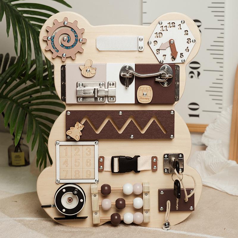 Montessori Wooden Little Bear Busy Board - Early Education & Cognitive Development Toy.