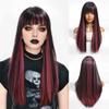ALAN  EATON Brown Black Highlight Watermelon Red Synthetic Wig Long Straight Multicolor WIg with Bangs Hollywood Cosplay Wig For Women Party