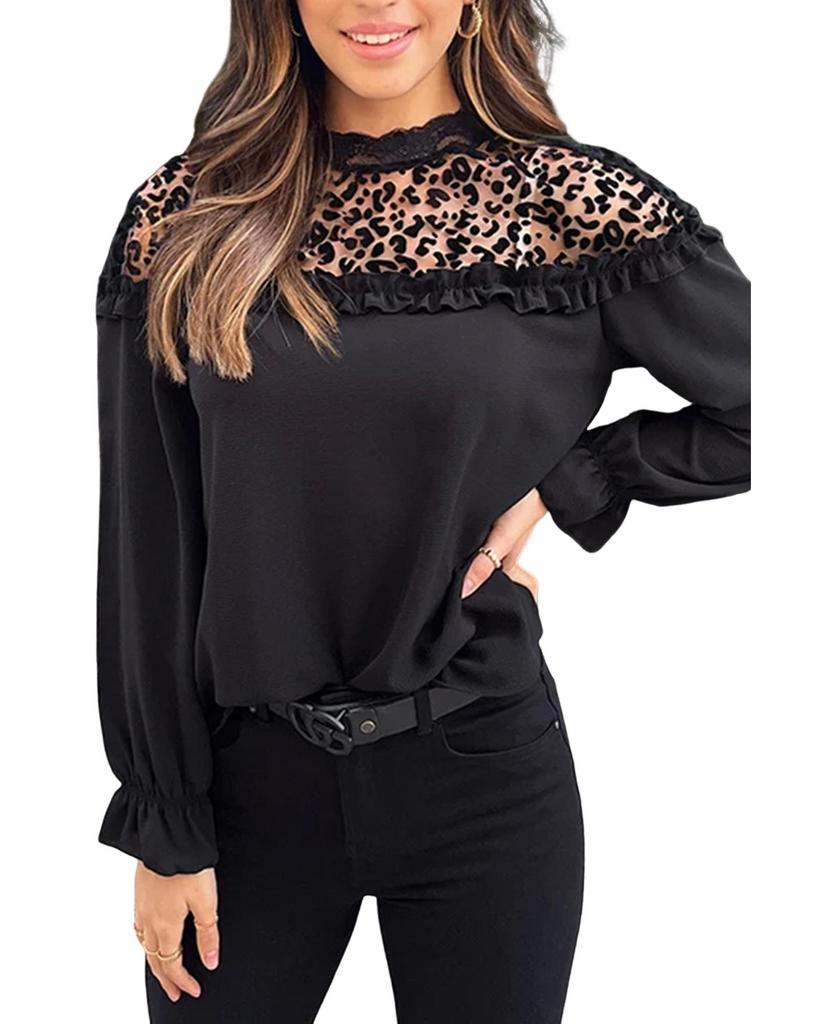 Azura Exchange Black Leopard Mesh Splicing Ruffle Long Sleeve Blouse