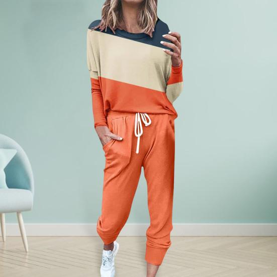 2 шт./комплект женский топ брюки костюм круглый вырез длинный рукав цветной блок спортивный свитшот завязка