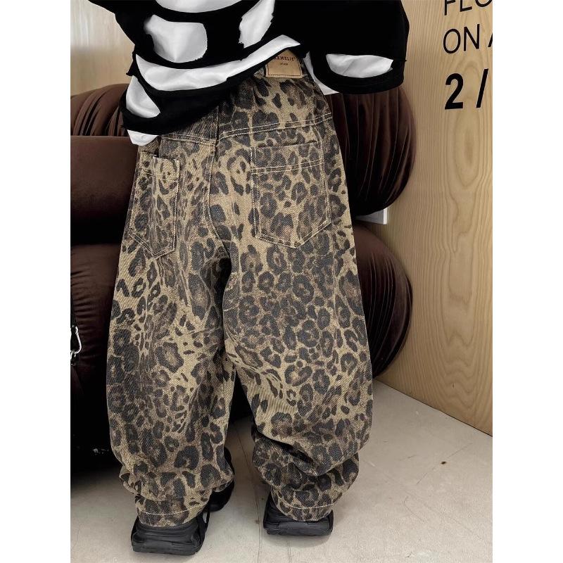 Осенние брюки в леопардовый принт для мальчиков - Толстые, прямого кроя, в стиле ретро, для детей маленького и среднего возраста