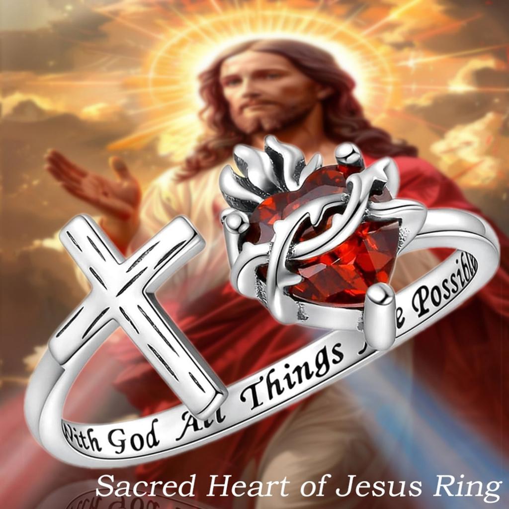 Красиво выполненное разомкнутое кольцо с изображением Святейшего Сердца Иисуса, украшенное креативным терновым красным сердцем из искусственного кристалла.