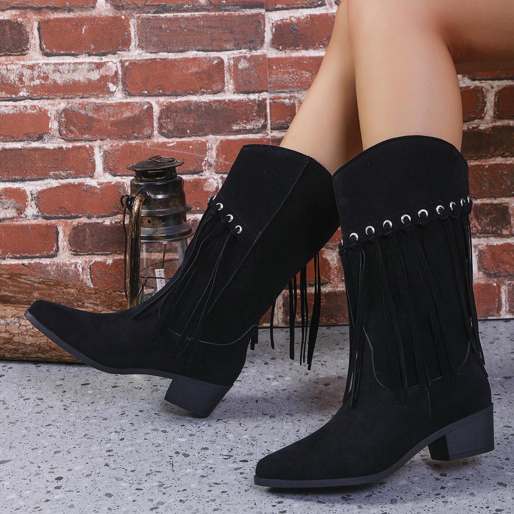 Bohemian Mid-calf Boots Women New Winter Ethnic Rivet Tassel Boots Woman Faux Suede Pointed Thick Heel Shoe Booties Female