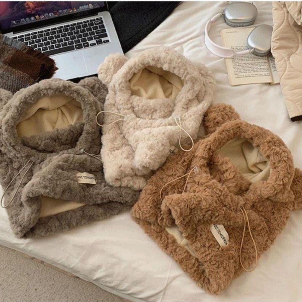 Keep Warm Balaclava Hat Plush Mask Skullies Set Fashion Hooded Scarf Pullover Hat Riding