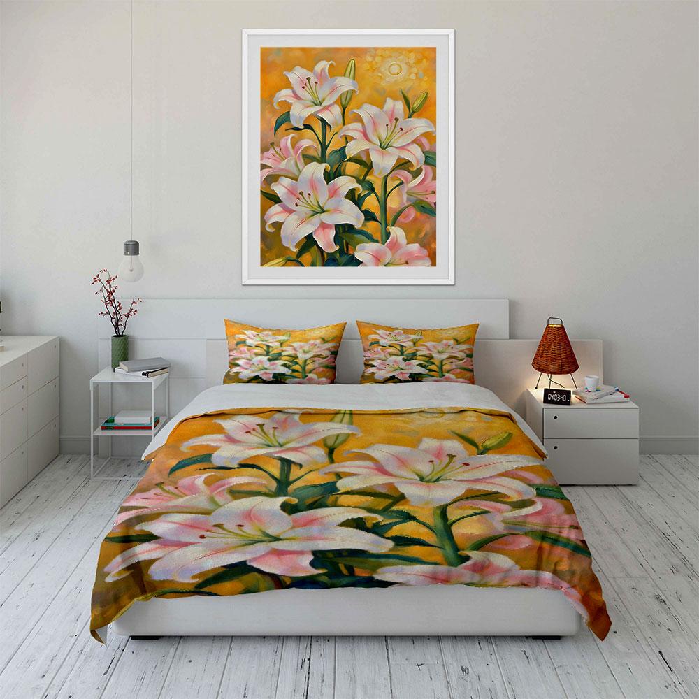 White lilies with leaves. Bedding sets Duvet cover sets Duvet covers Pillowcases(1 * Duvet Cover 2 * Pillowcases without duvet insert)