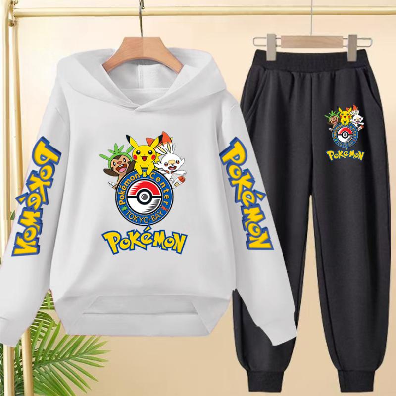 Pikachu Two-piece Clothing Children Girls Sweatshirt+Pants Casual Tracksuits Boys Pokemon Hoodie Kawaii Pullover Sports Coat Set