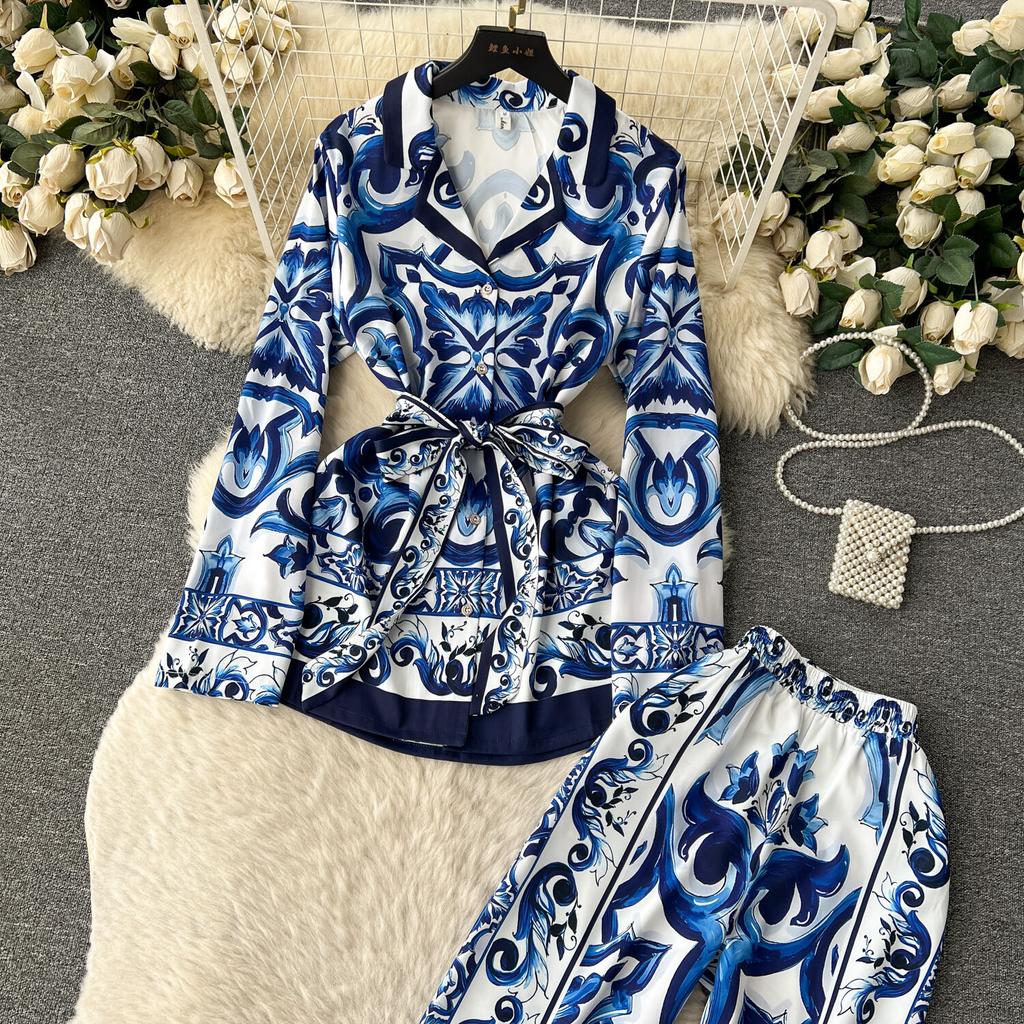 Fashion Designer Vintage Printed Two Piece Set for Women's Long Sleeve Blazer Collar Shirt+high Waisted Straight Pants Office Lady Outfits