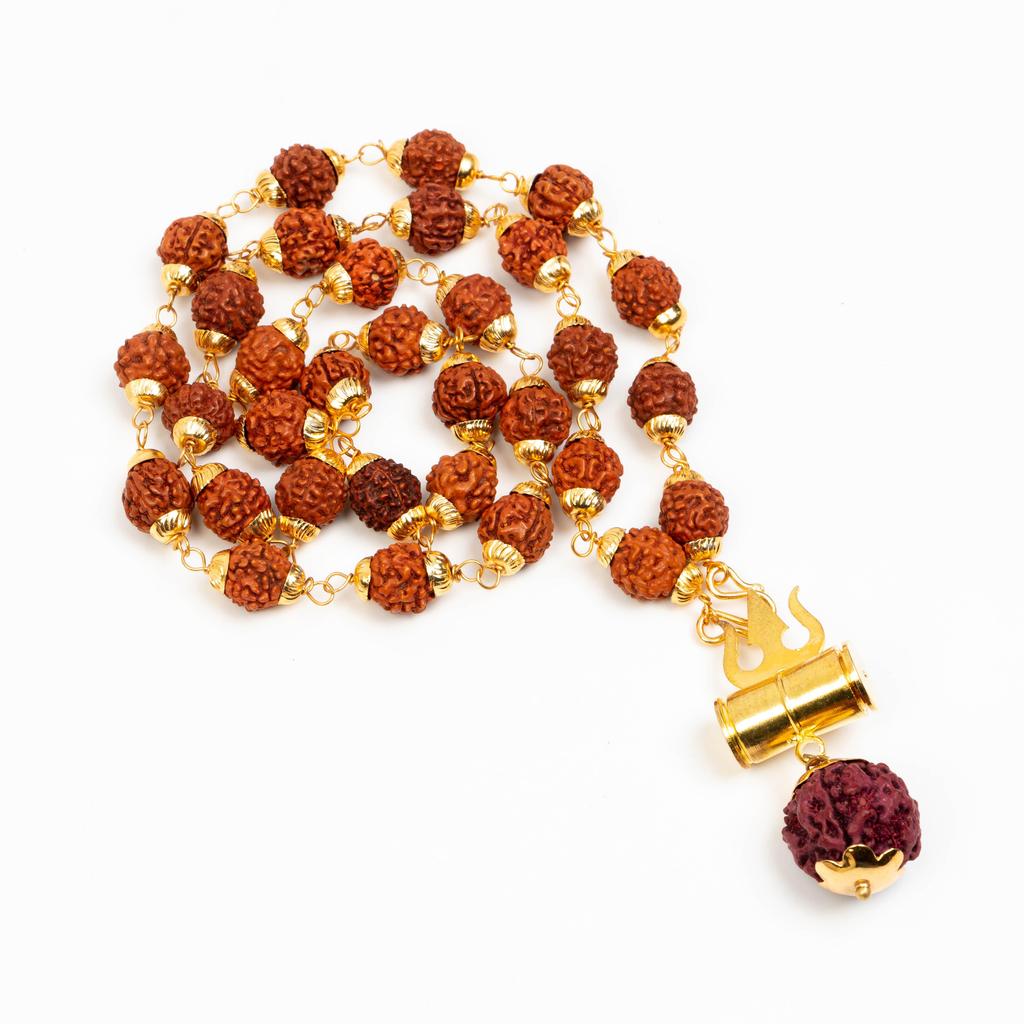 Rudraksha Mala with Brass Caps & Shiva Trishul | Natural Rudraksha Beads Necklace | Hindu Prayer Jewelry | Healing Mala | Unique Religious Gift