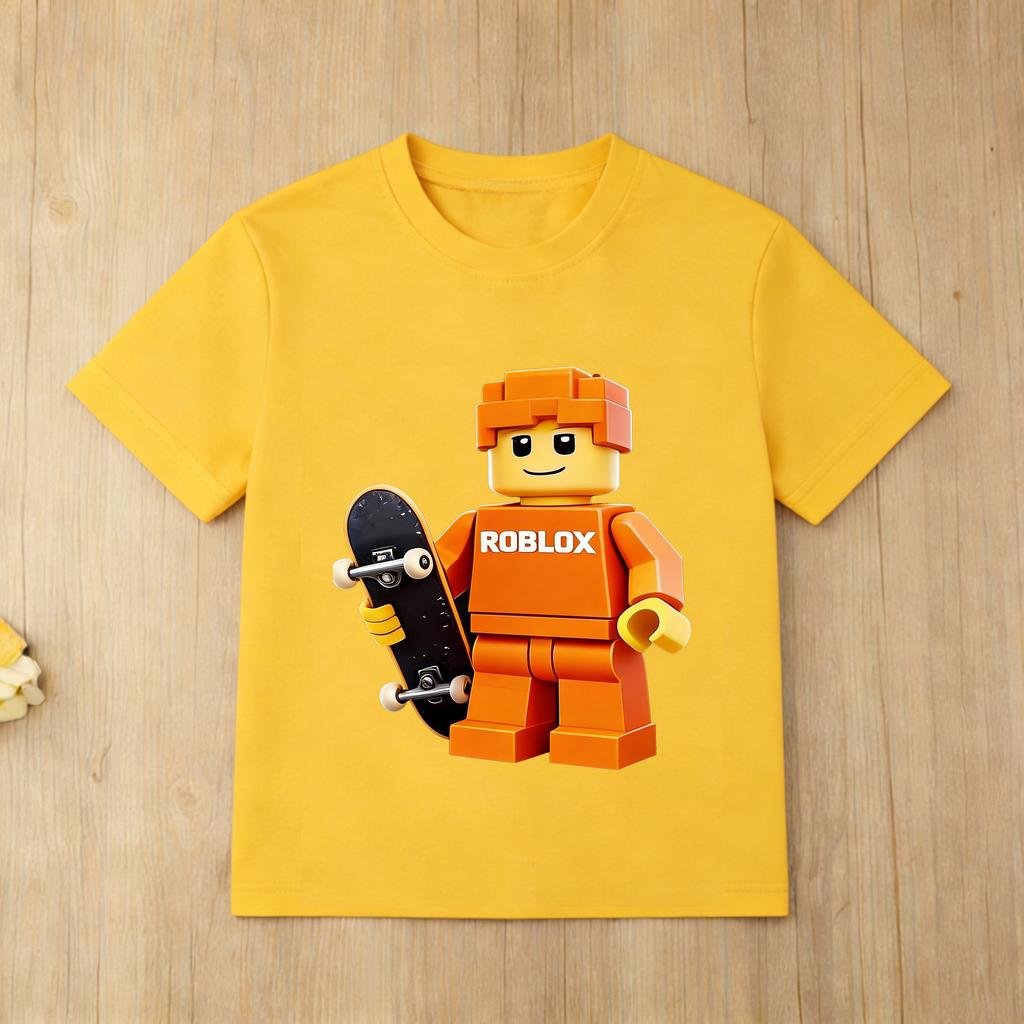 Детская футболка для игры в Roblox Мультяшный принт со скейтбордом Короткий рукав Хлопковая футболка для мальчиков и девочек Повседневные летние топы