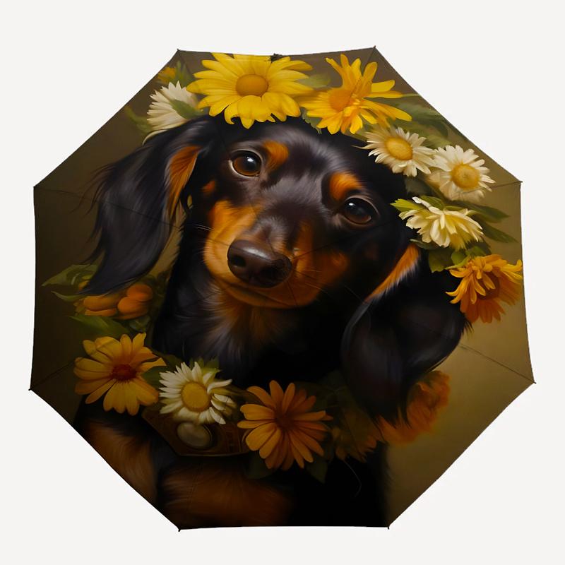 Flower Crown Dachshund Theme 8 Bone Hand Automatic Folding Fashion umbrella, Compact and Portable Design, A Perfect Gift for Birthday, Chris