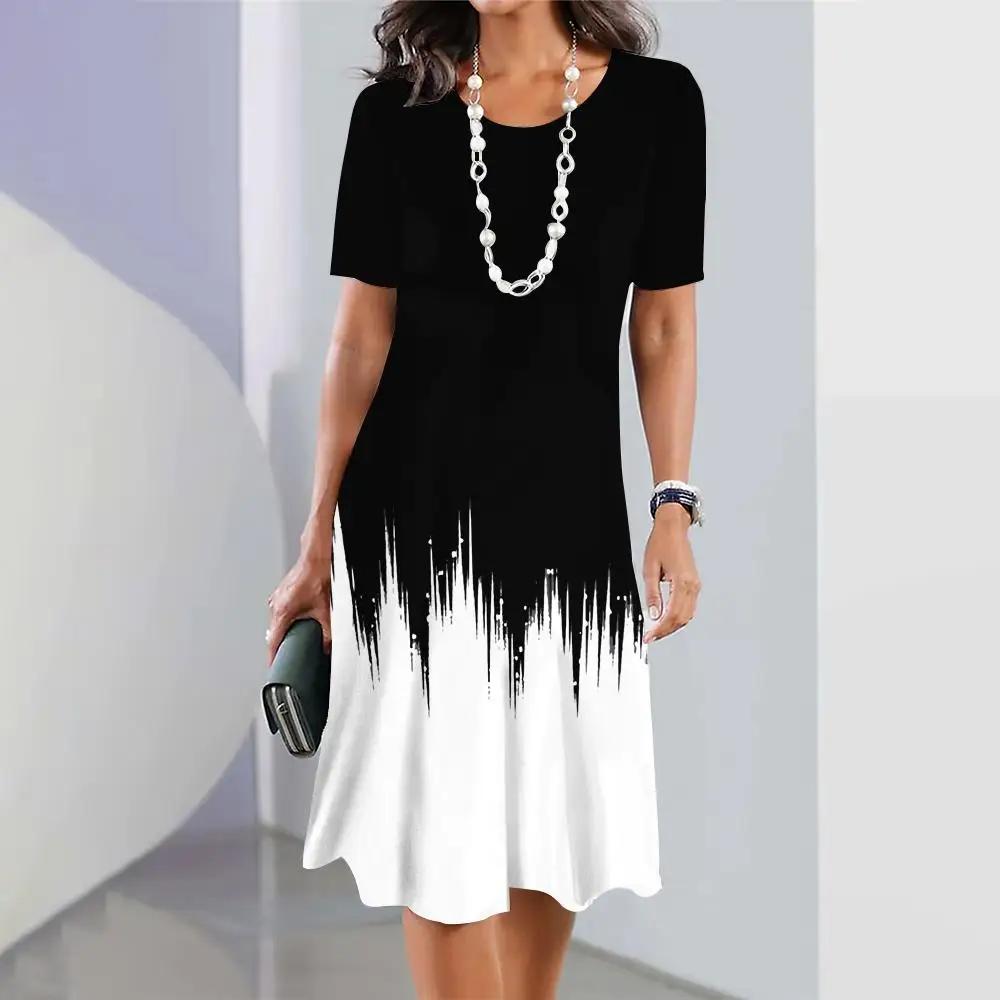 Женские платья с 3d градиентом и геометрическим принтом, платье с измельченным цветком, с короткими рукавами, праздничная одежда, элегантные топы, юбка трапециевидной формы в стиле ретро