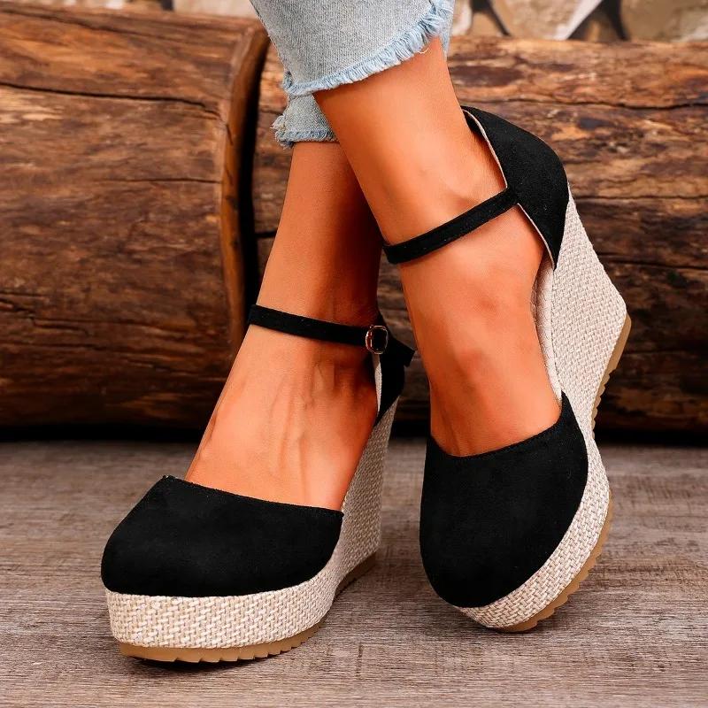 2024 Большие размеры Женская обувь с пряжкой на ремешке Женские туфли на высоком каблуке Платформа Повседневное платье Туфли-лодочки Женские туфли на высоком танкетке с круглым носком Женские туфли