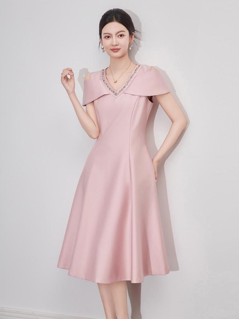 Элегантное французское летнее вечернее платье с V-образным вырезом, открывающее плечи - Дизайн «легкая роскошь», расшитый стразами, облегающий талию