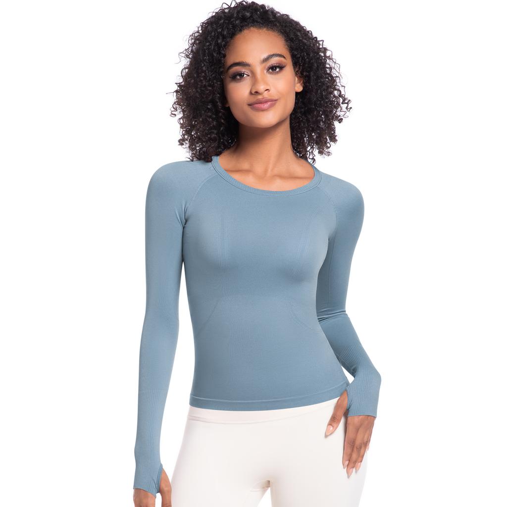 Auroth Long Sleeve Yoga Shirts With Thumb Hole Women Gym Sports Top Solid Color Running Slim Stretch Fitness Shirts
