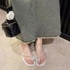 2025 Rhinestone Bow Cover Toe Sandals Female Summer Low Heel Flat Fairy with Skirt Pinching Feet Beach Sandals