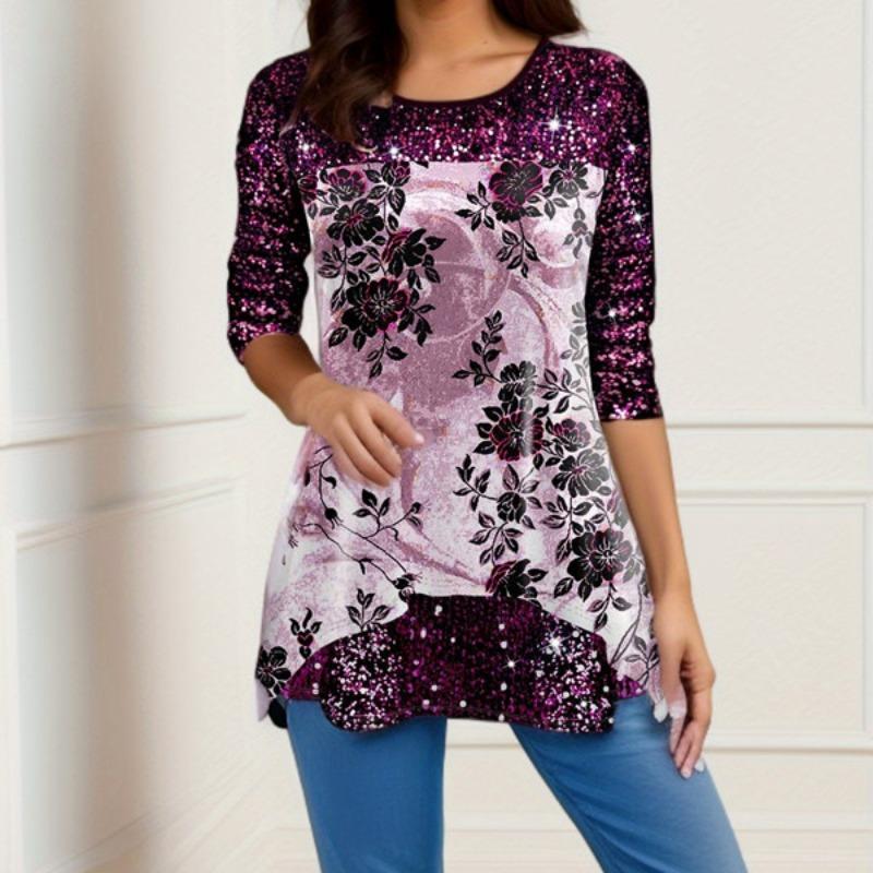 Women's Fall Round Neck Tops Mid-length Printed T-shirt