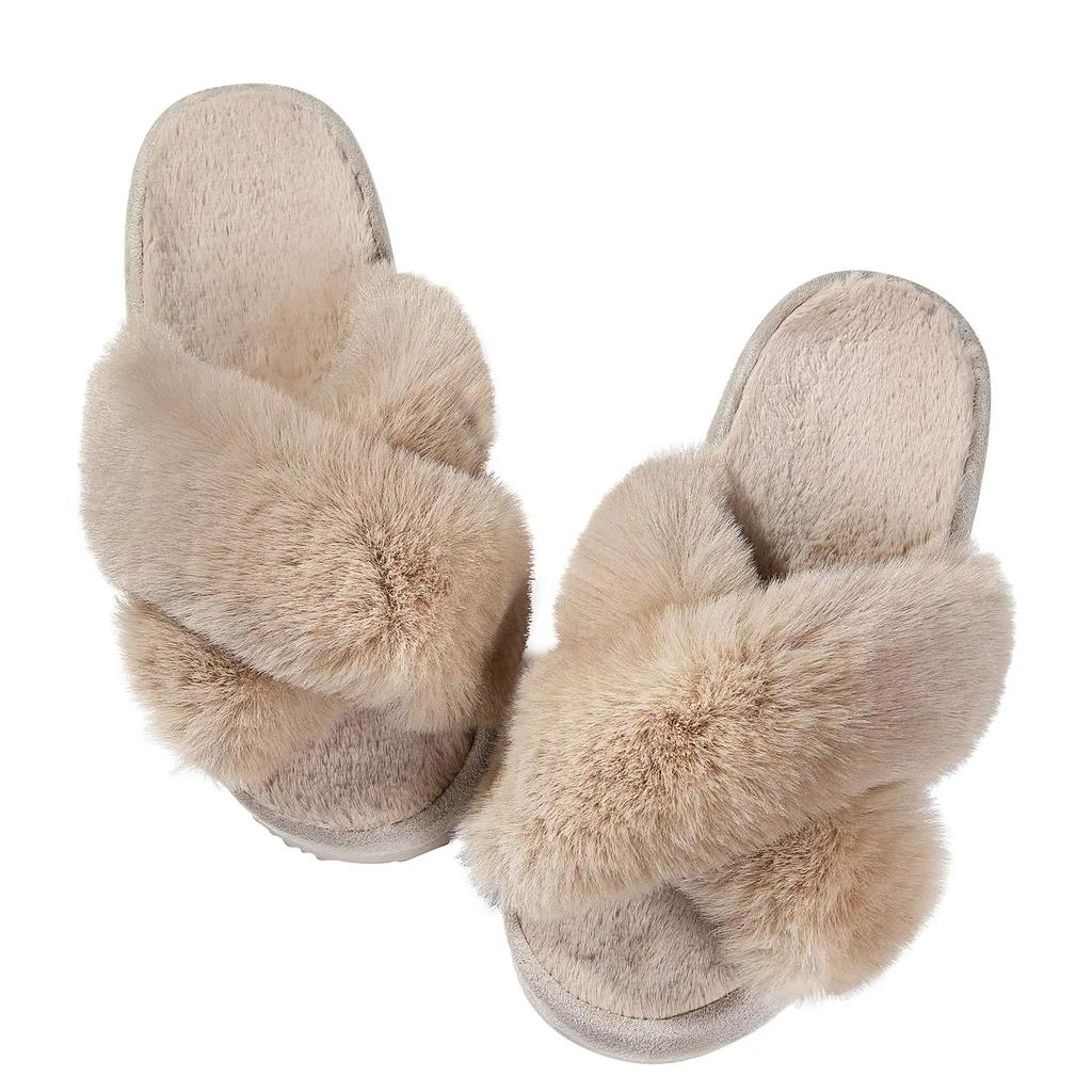 Comwarm Women's Cozy Fuzzy Slippers Open Toe Plush Cotton Flat Indoor Shoes Warm Comfortable Fluffy Slides for Home