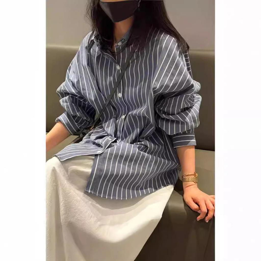 Striped Off-shoulder Sleeve Shirt for Women Spring New Style Loose Casual Style Slim Long-sleeved Korean Style Shirt