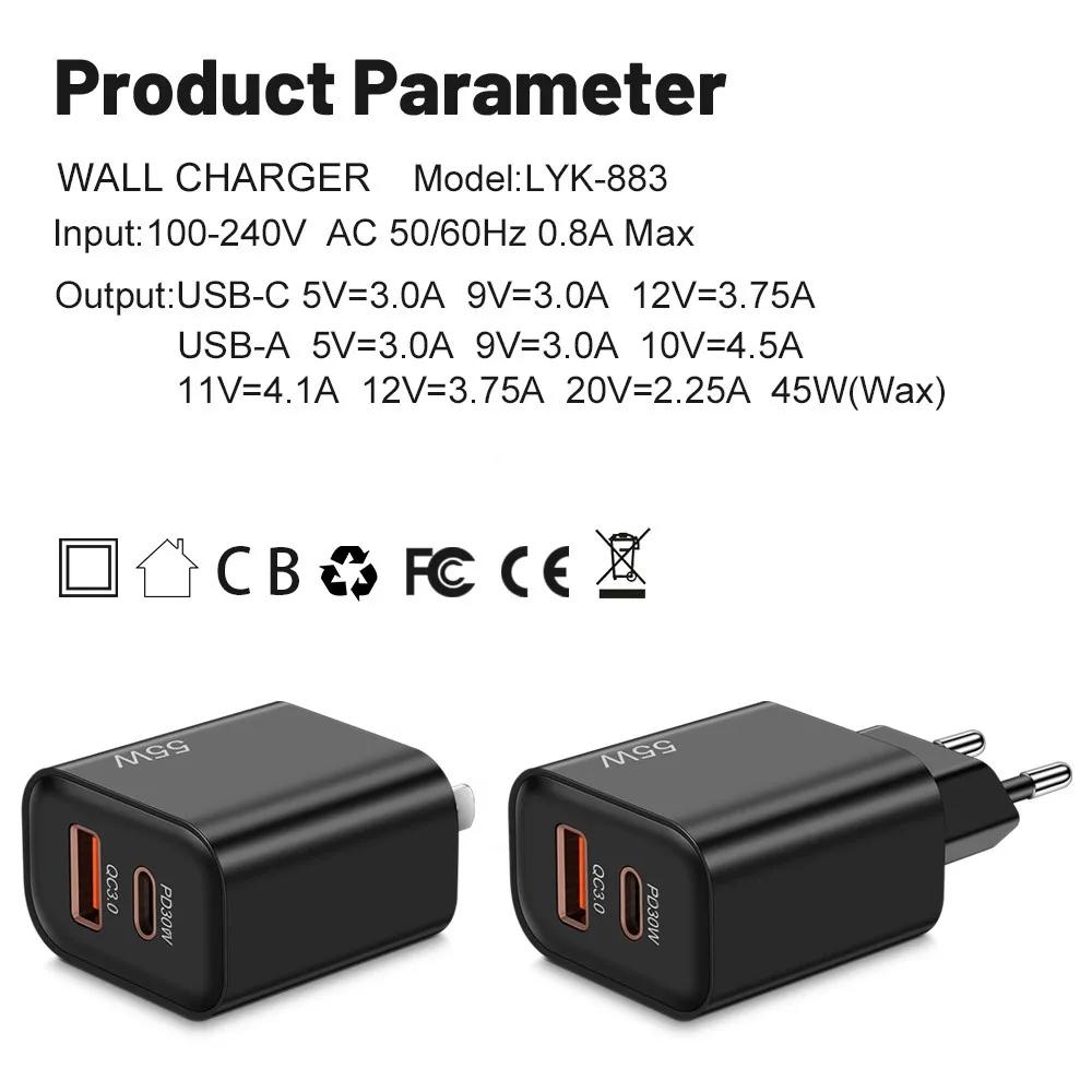Зарядное устройство USB Type C мощностью 55 Вт, быстрая зарядка 3.0, адаптеры для зарядки телефонов для iPhone 16, 15 Pro Max, Xiaomi, Samsung, быстрое настенное зарядное устройство Type C