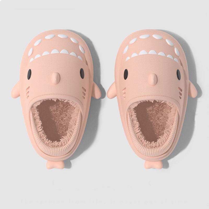 Fashion Shevalues Winter Furry Cartoon Shark Slippers For Women Men Soft Sole Cotton Slides Waterproof Plush Cozy Warm Women's Slippers