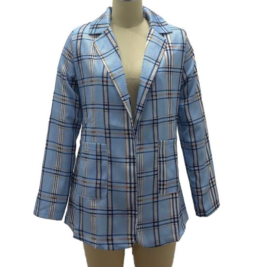 Женский пиджак с лацканами, длинный рукав, открытый спереди, пиджак с карманами, клетчатый принт, приталенный повседневный деловой пиджак