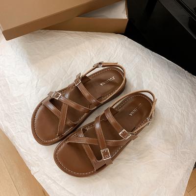 Летние сандалии на плоской подошве с перекрестными ремешками и открытым носком, женские, новые, универсальные, с мягкой подошвой, не утомляют ноги, пляжные сандалии