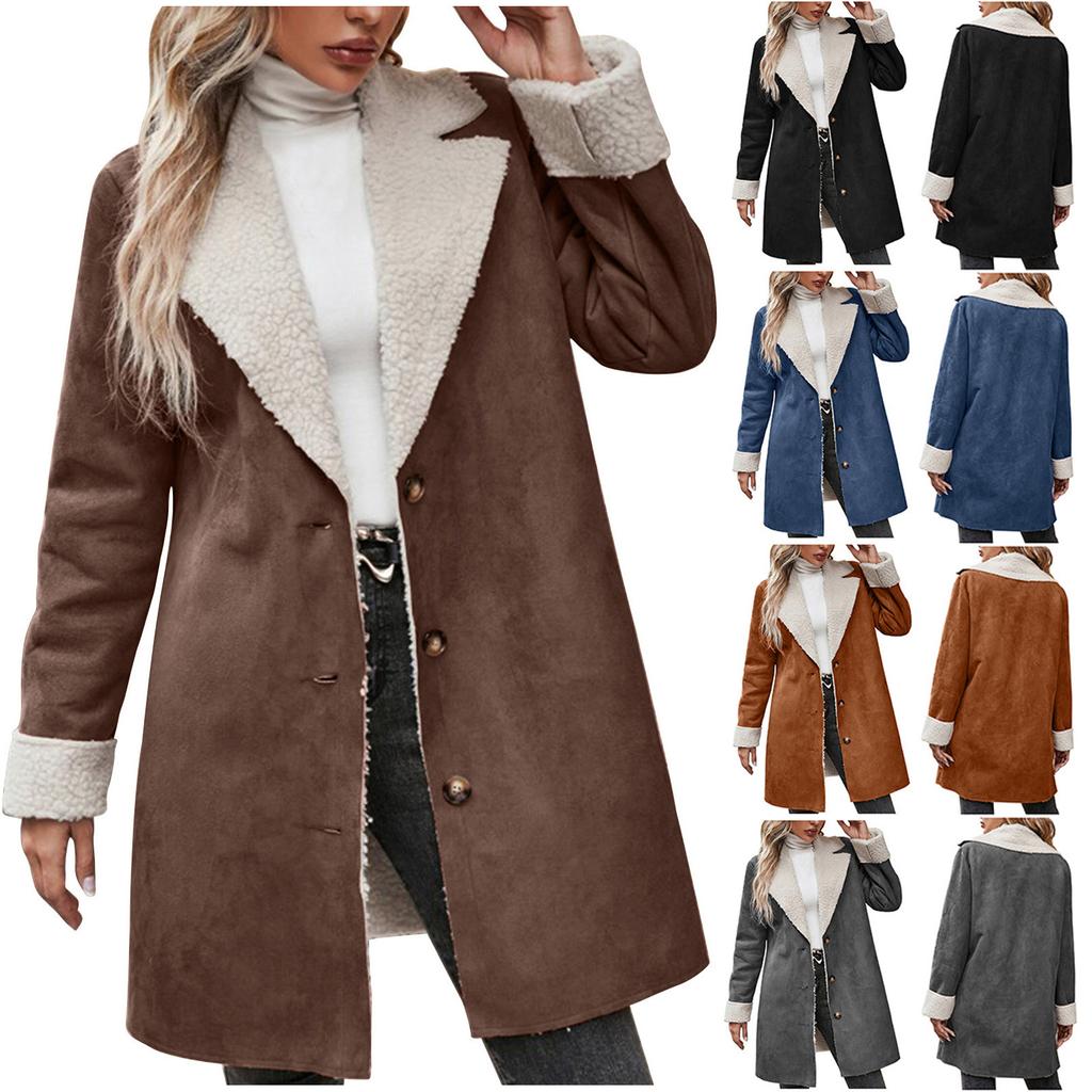 Women's Long Plush Lined Suede Coat with Fur Trim and Metal Buttons In Multiple Colors