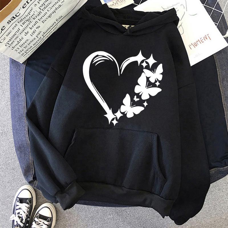 Осень Зима Любовь Бабочка Милый Принт Пуловеры с Длинным Рукавом Женские Толстовки Модная Толстовка с Карманом Винтажная Одежда с Капюшоном