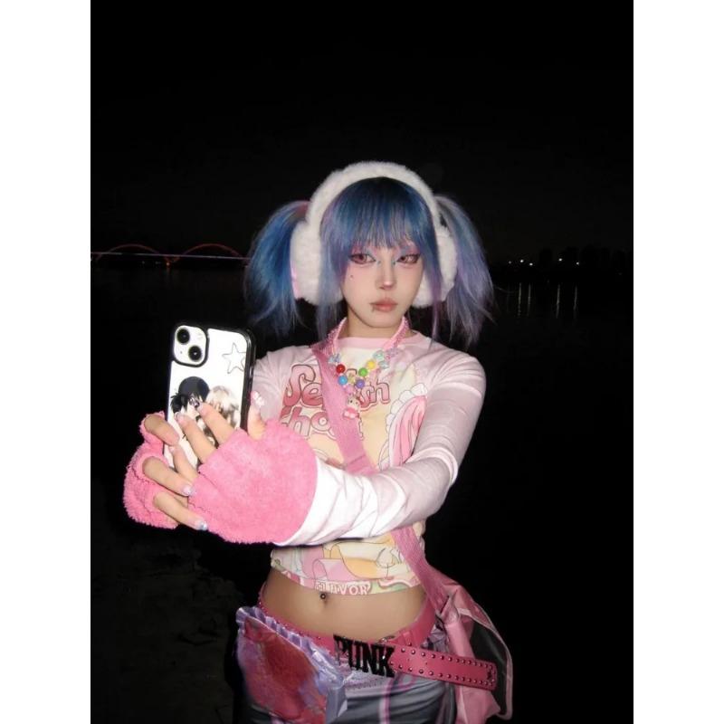 2000-е годы Y2k Harajuku уличная футболка женская японская мода лоскутное кавайный милый мультяшный принт тонкие футболки топы мягкие гриль