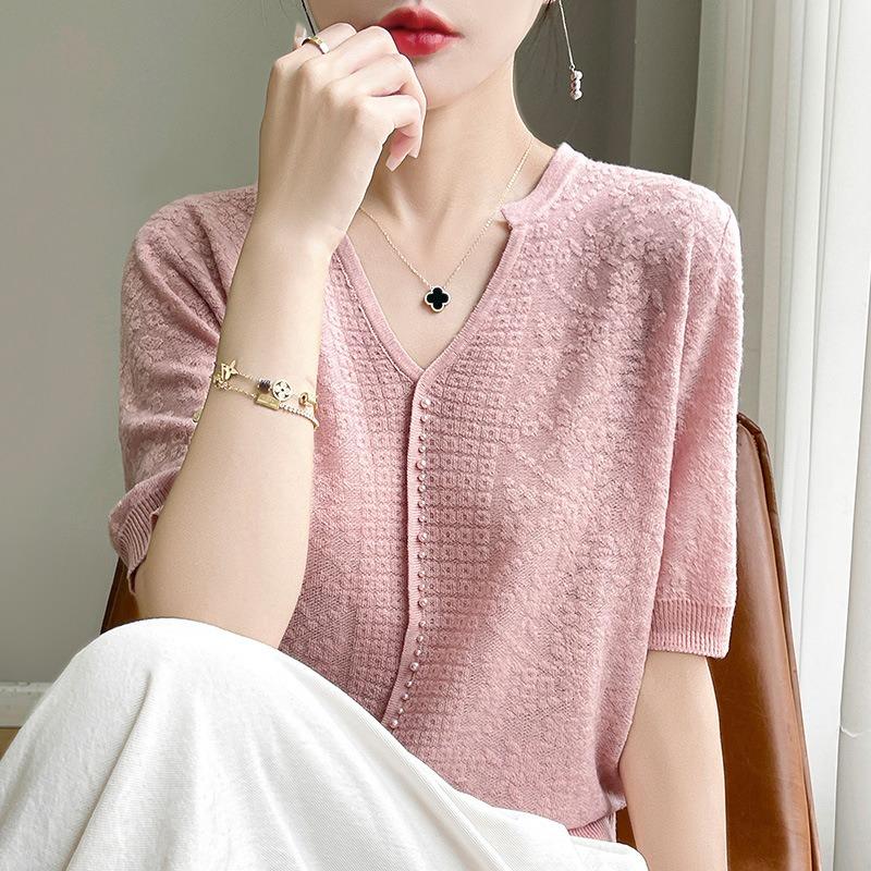 Женская летняя новая футболка с коротким рукавом из ледяного шелка, V-образный вырез, бисероплетение, рубашка с темпераментом Ян, универсальный полый вязаный крючком трикотаж