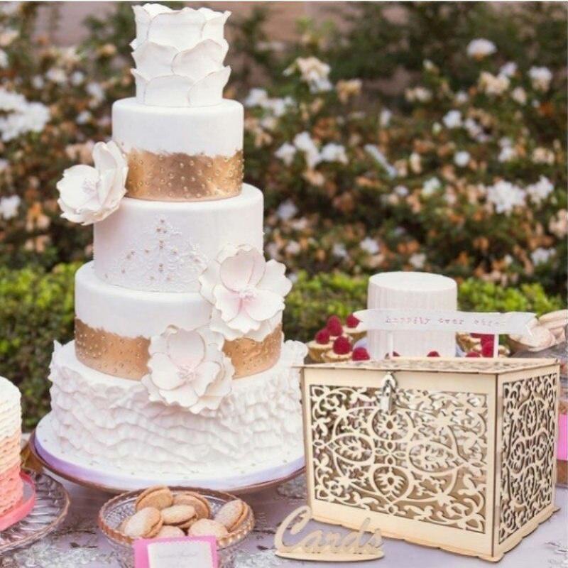 Wooden Elegant Wedding Cards Box Hollow Out Wedding Money Box with Lock for Romantic Wedding