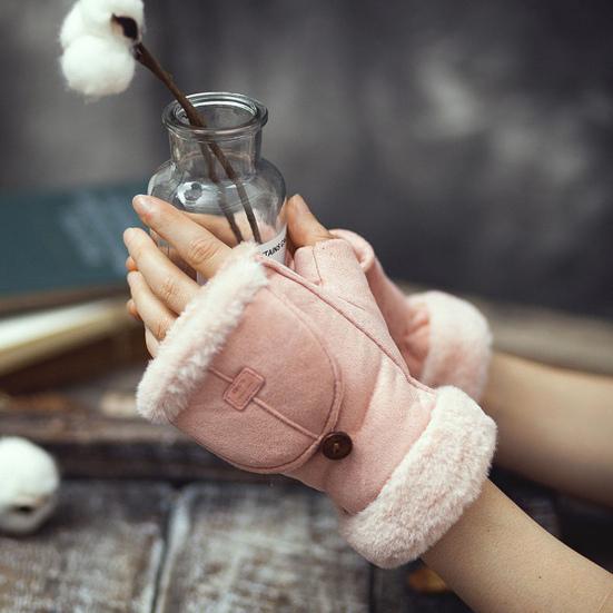 Women Winter Suede Gloves Thickened Convertible Fingerless Mittens Fleece-lined Warm Gloves with Fluffy Cuffs for Outdoor Cycling Hiking