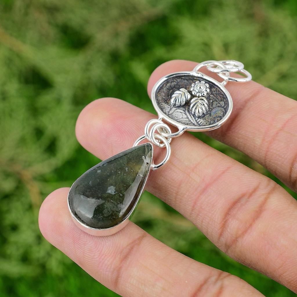 Daughters Day Deal Pear Solar Moss Agate Gemstone 925 Sterling Silver Pendant