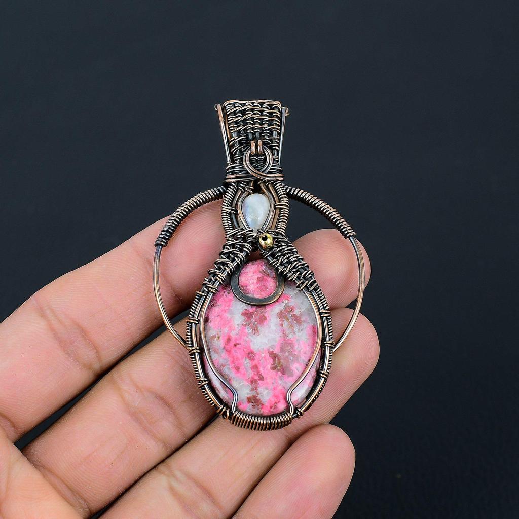 Розовый тулит и лунный камень драгоценный камень ручная работа медная проволока обертка ювелирные изделия кулон для женщин