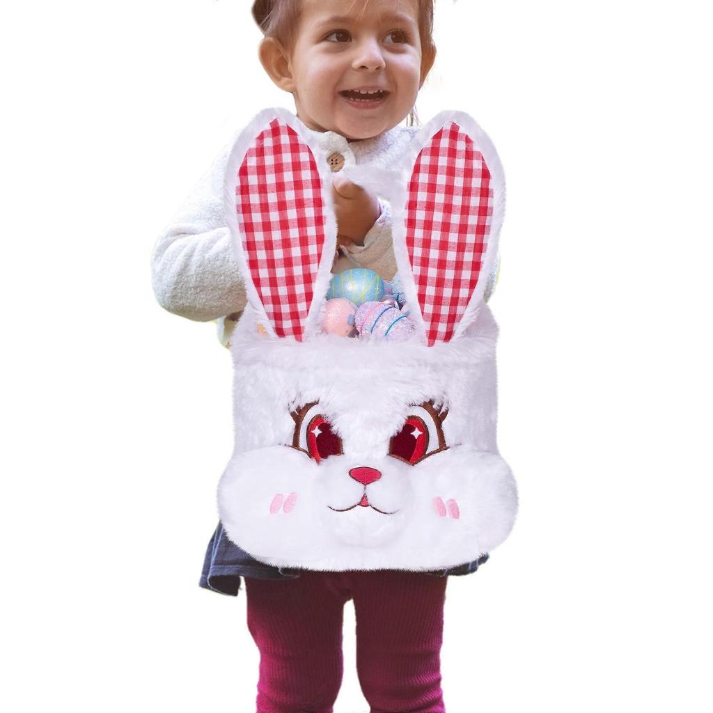 3D Cute Plush Egg Hunt Basket for Boys, Foldable Ears, Handle, Easter Candy Collection, Soft Material