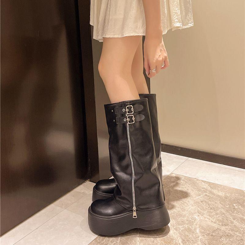 Muffin Thick-soled Black Long Boots, New Models In Autumn and Winter 2025, Small Versatile Round Head Thin Boots, Women's Shoes