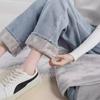 Женские плюшевые джинсы с высокой талией и широкими штанинами — облегающие, теплые, универсальные, свободного прямого кроя для осени/зимы