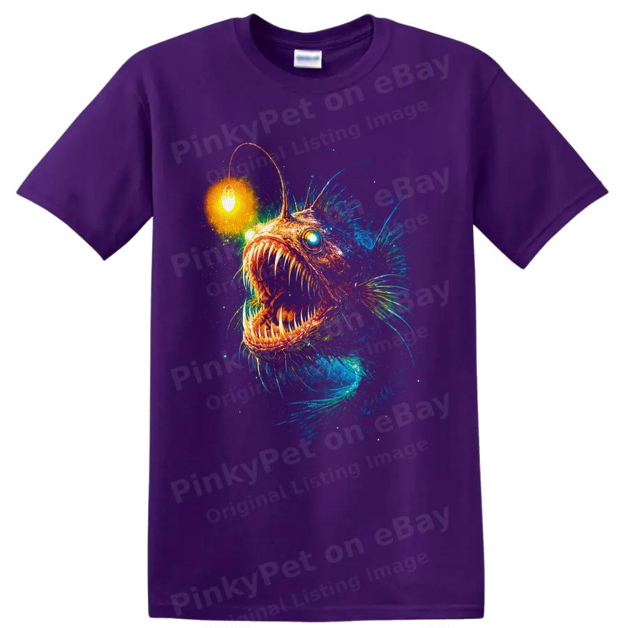 Anglerfish T Shirt Neon Deep Sea Monster Fish Art Graphic Tee Ocean Lover Gift