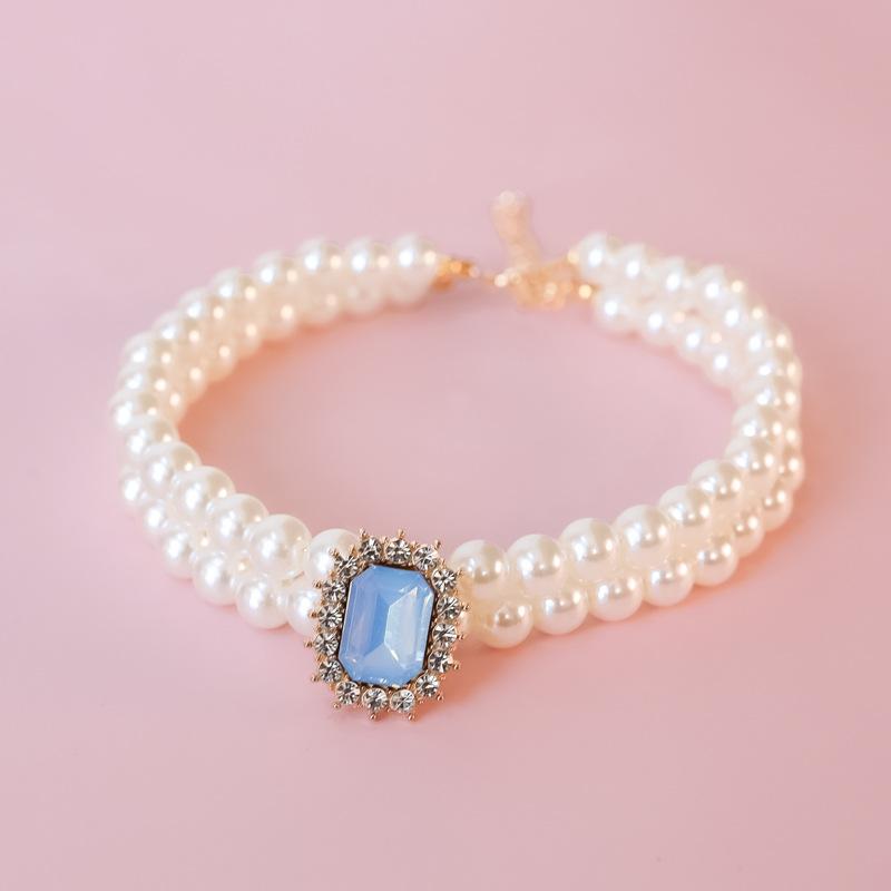 Pet Collar Cat Dog Pearl Necklace Double Stacked Premium Protein Gem Set with Rhinestones