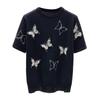 Korean Nail Bead Bow Knit Sweater Top Fashion Butterfly Pattern Round Neck Ice Silk Short Sleeve Knitwear T-shirt for Women