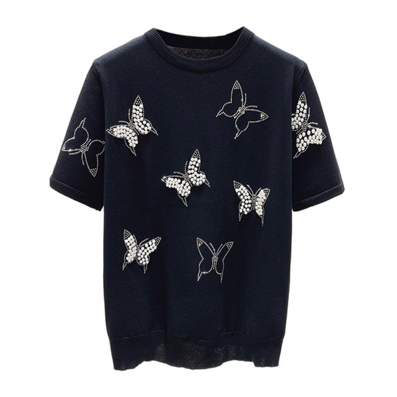 Korean Nail Bead Bow Knit Sweater Top Fashion Butterfly Pattern Round Neck Ice Silk Short Sleeve Knitwear T-shirt for Women