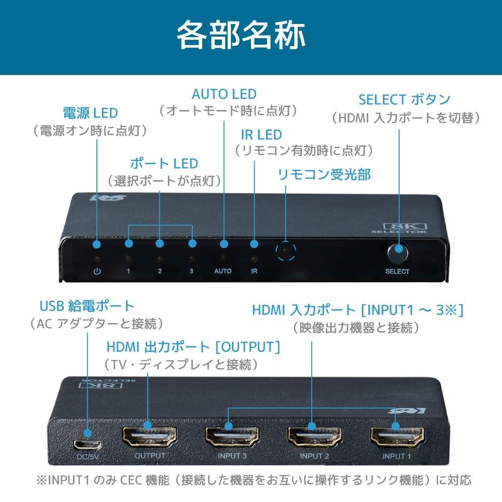 Совместимость с высокой частотой кадров 8K60 Гц, 4K120 Гц и Full HD240 Гц 3 входа 1 выход HDMI-коммутатор RS-HDSW31-8K