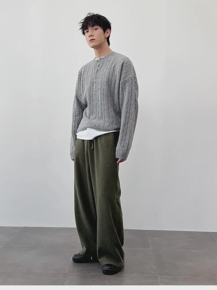 Мужской свитер высокого качества в корейском стиле с воротником хенли — плотная вязка, скрученная вязка, свободный крой, для весны и осени
