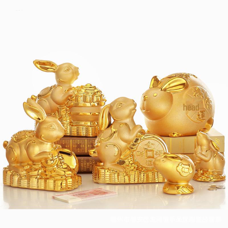 Керамическая копилка с золотым кроликом на удачу - креативный подарок и украшение для дома