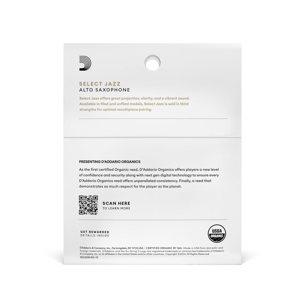 WoodWinds Select Jazz Field Трости для саксофона-альта USDA Organic ORSF03ASX3S D'Addario, Сертифицированные, [Жесткость 3S], Упаковка 3 шт.