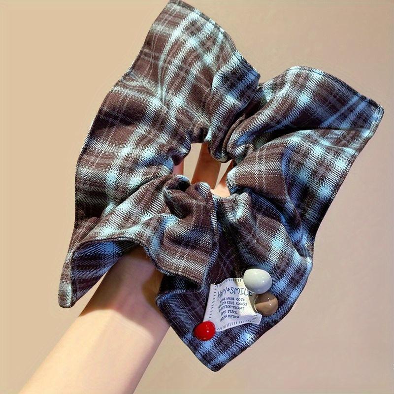 1pcs College Style Red Checkered Square Scarf with Large Intestine Headband, Women's Meatball Head Low Ponytail Square Headband Accessory.